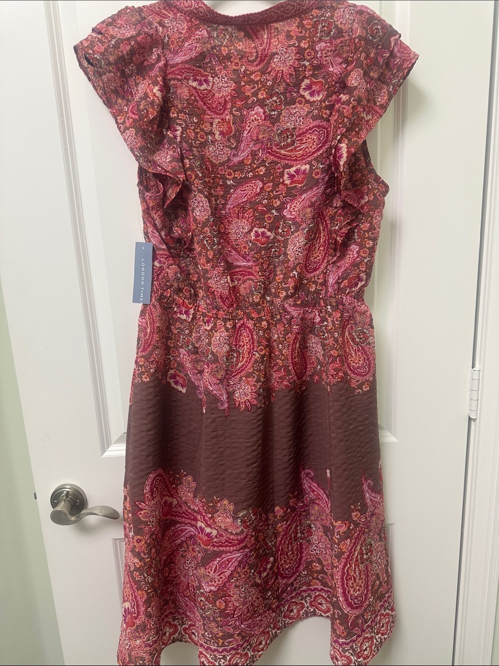 London Times Pink and Brown Paisley Ruffle Midi Dress with V-Neck - Picture 5 of 5